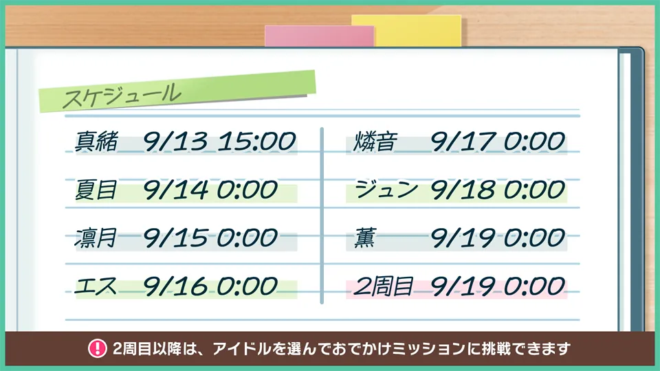 真緒：9/13 15:00 夏目：9/14 0:00 凛月：9/15 0:00 エス：9/16 0:00 燐音：9/17 0:00 ジュン：9/18 0:00 薫：9/19 0:00 2周目：9/19 0:00